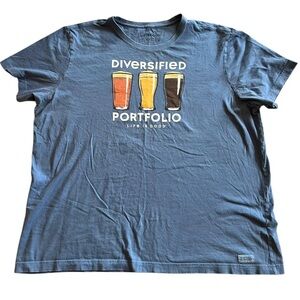 Life Is Good Mens XXL 2XL Diversified Portfolio Beer T Shirt Blue Short Sleeve